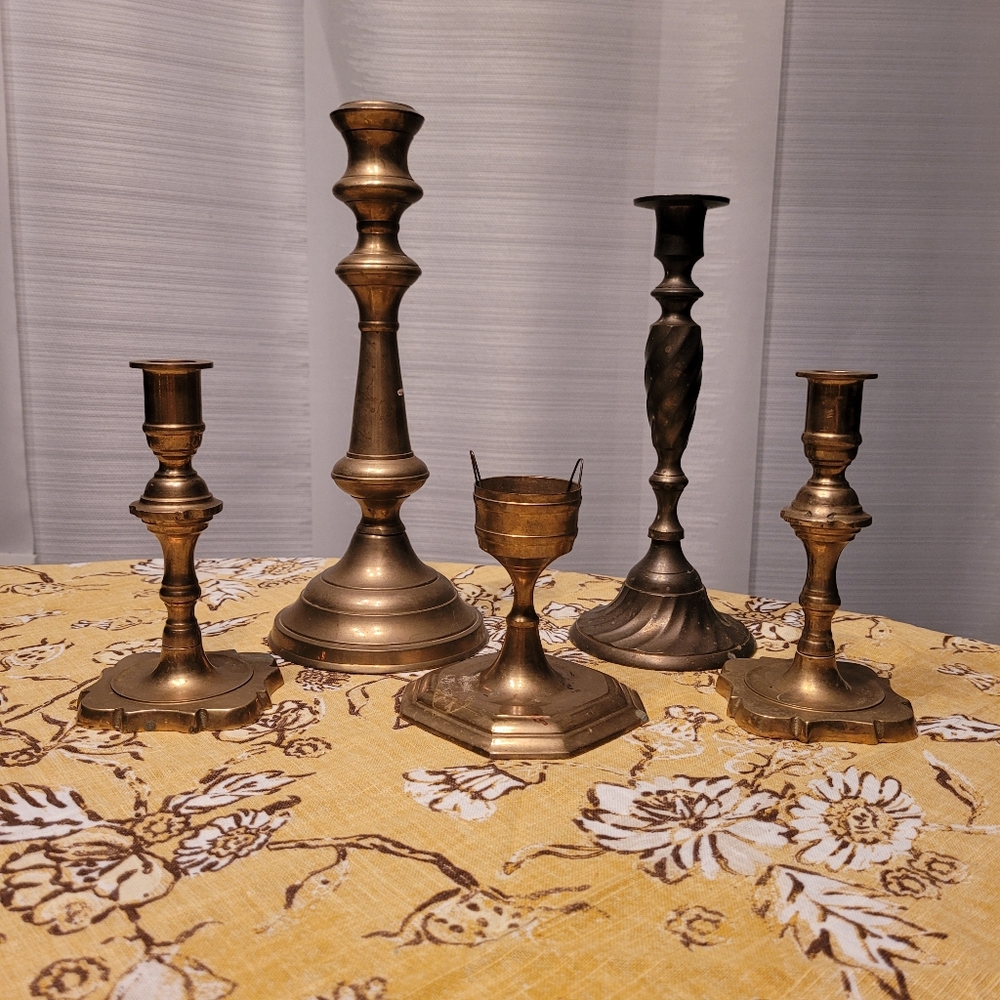 5 pc mismatched Brass Candle Holder Set